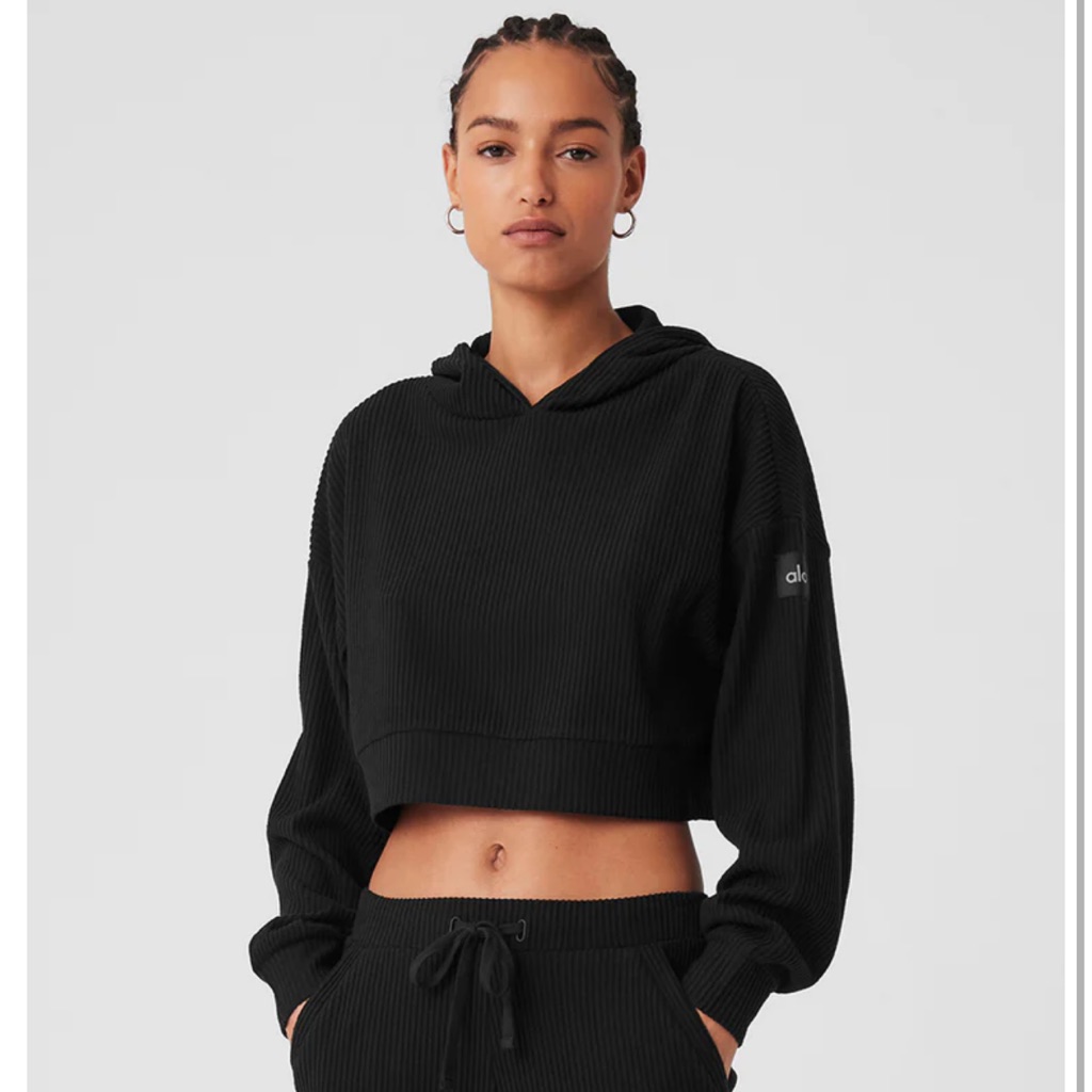 Alo Yoga Black Ribbed Muse Crop Hoodie, Size Small